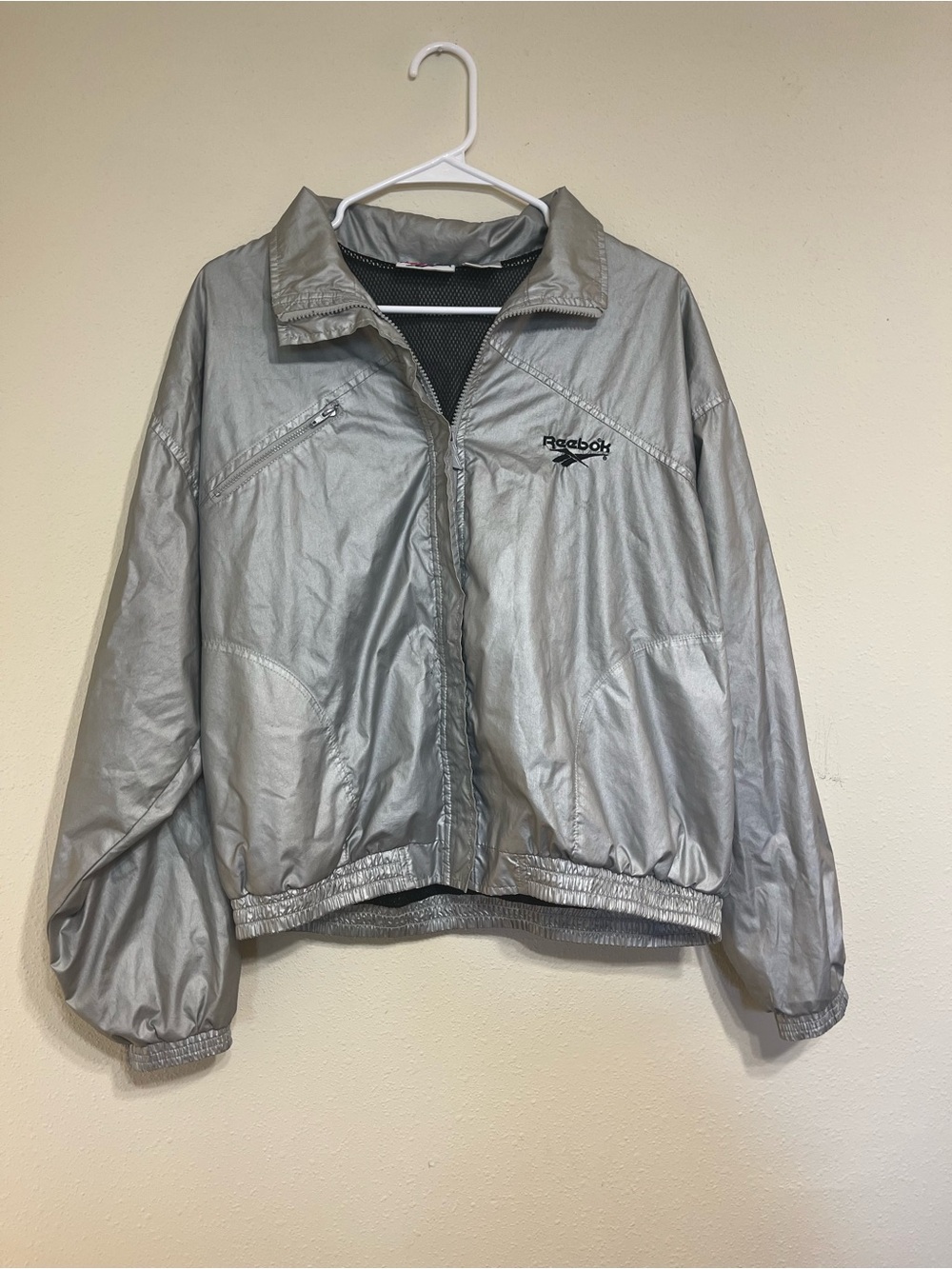 Vintage Reebok Windbreaker Jacket Silver Nylon 90s Retro Track Jacket